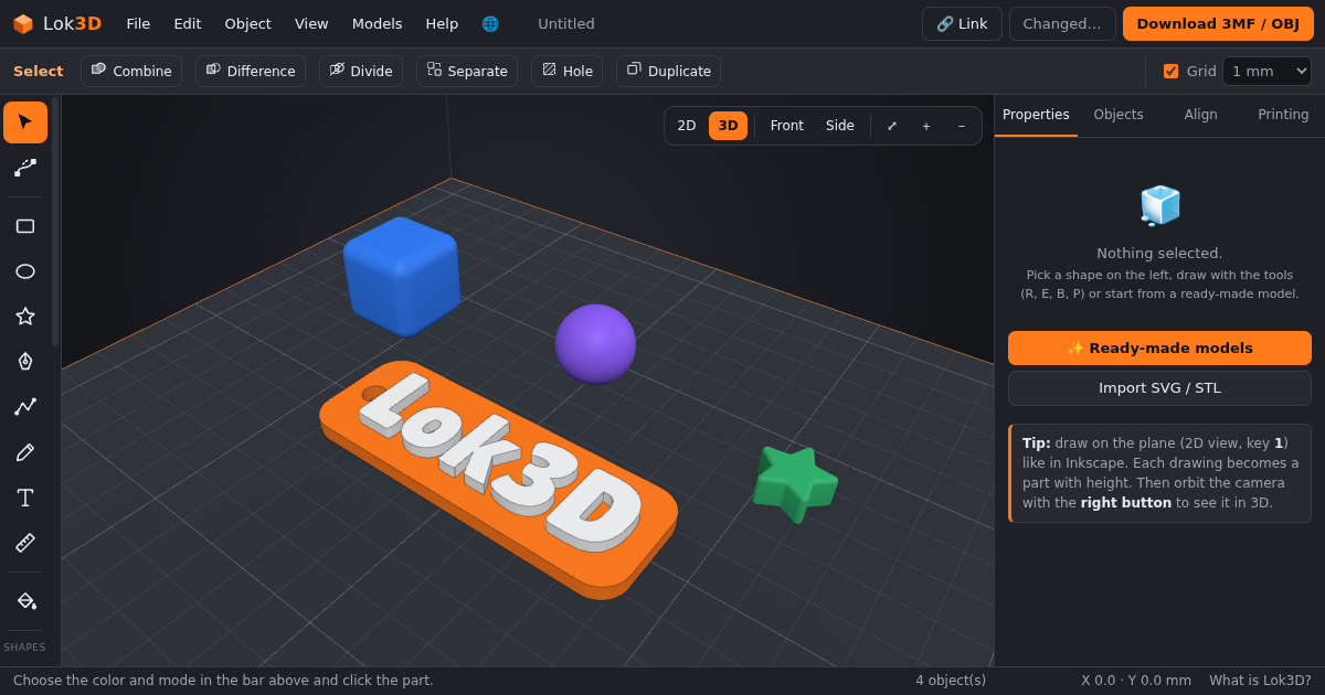 Editor de Lok3D con un modelo de colores sobre la cama de impresión